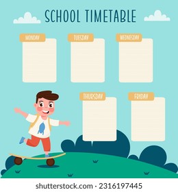 Flat template school timetable with a child riding a skateboard