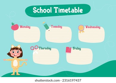 Flat template school timetable with day of week chart for weekly lessons