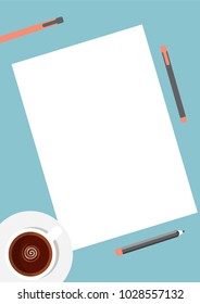 Flat template sheets of paper on the desktop.  Blank sheets of paper, pen, pencil and coffee cup. Workspace vector illustration, preparation for work, sketches, notes.