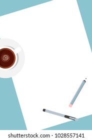 Flat template sheets of paper on the desktop.  Blank sheets of paper, pen, pencil and coffee cup. Workspace vector illustration, preparation for work, sketches, notes.