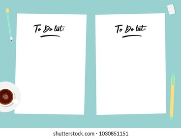 Flat template sheets of paper on the desktop.  Blank sheets of paper, pen, pencil and coffee cup. Workspace vector illustration, preparation for work, sketches, notes.