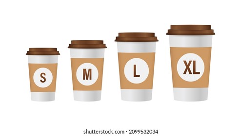 Flat template with size coffee cups on white background for paper design. Mockup template. Flat line vector illustration.