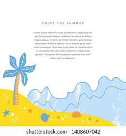 Flat  template with starfish, seashells, waves, beach, palm and text. Flyer design template. Useful for posters, magazine ad, web design element, advertisement. Vector illustration