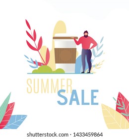 Flat Template for Summer Sales Offer Advertising. Cartoon Bearded Man Character Standing near Huge Coffee Cup. Vector Illustration with Plants Leaves. Promotion Poster for Catering Services