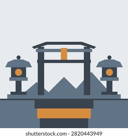 Flat temple gate scene built from curved beam shapes in plum colors, geometric vector artwork of sacred architecture and lanterns for cultural design.