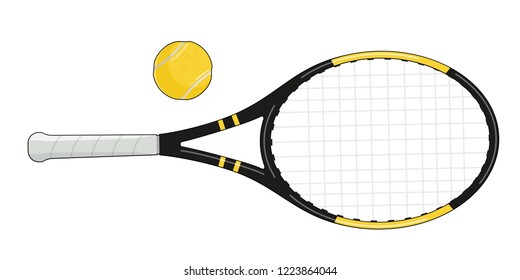 Flat tennis ball and racquet isolated vector