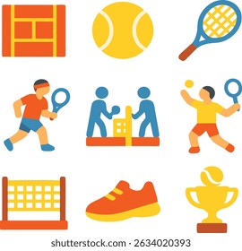Flat tennis icon pack vector featuring rackets, balls, courts, and trophies, ideal for sports apps, infographics, websites, or event materials.