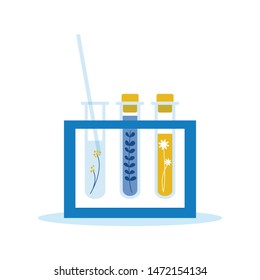 Flat Test Tubes with Natural Extracts for Drugs Preparation. Innovative Components for Medications. Vector Chemical Research Laboratory Equipment and Medical Liquids in Flasks on Tripod Illustration.