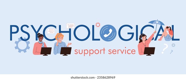 Flat text banner for psychological support service with smiling hotline operators helping people vector illustration