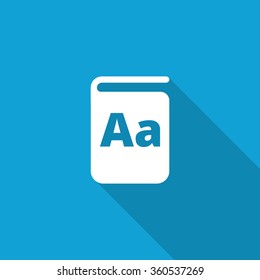 Flat Text Book icon with long shadow on blue backround