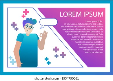 Flat text template or Web Page. Lorem ipsum. Flat character - man or boy in T-shirt and glasses shows OK gesture. Purple, blue, pink gradient colors, diagonal composition. Decorative elements