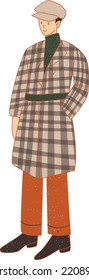 Flat Textured Dark Academia Boy Wearing Newsboy Cap and Checkered Coat Vector Style Iluustration