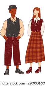 Flat Textured Dark Academia Boy Wearing Sweater Vest and Girl Wearing A Sweater Vest with Long Checkered Skirt Vector Illustration