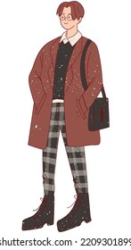 Flat Textured Dark Academia Boy Wearing Checkered Pants Vector