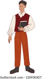Flat Textured Dark Academia Boy Wearing Puffy Seleeves with Sweater Vest Holding a Book Vector