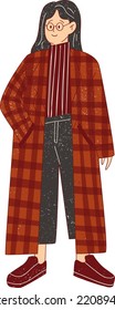 Flat Textured Dark Academia Girl in Glasses Wearing Checkered Coat and Black Pants Vector Illustration