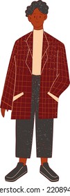 Flat Textured Dark Academia Girl in Glasses Wearing Checkered Coat and Black Pants Vector Illustration