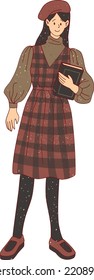 Flat Textured Dark Academia Girl Wearing Beret and Checkered Dress Illustration Vector Cute College
