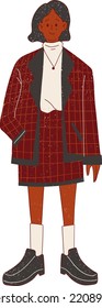 Flat Textured Dark Academia Girl Wearing Matching and Checkered Suit Illustration Vector Cute Student