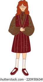 Flat Textured dark Academia Girl Wearing Puffy Sleeves and Dress Vector