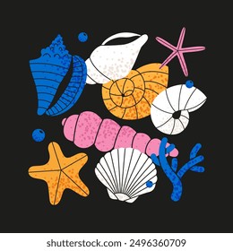 Flat textured illustration of Shells and starfish. Colorful vector seashells.