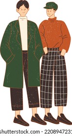 Flat Textured Light Academia Boy Wearing Green Coat And Boy Wearing Turtleneck With Checkered Pants Vector College Person Illustration