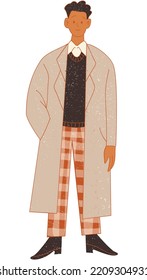 Flat Textured Light Academia Boy Wearing Trench Coat Sweater   Checkered Pants Vector