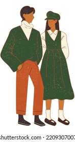 
Flat Textured Light Academia Boy Wearing Turtleneck And Girl Wearing Dress Vector