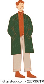 
Flat Textured Light Academia Boy Wearing Turtleneck Sweater And Green Coat Vector