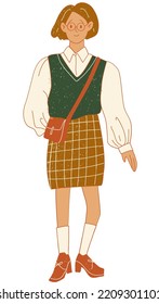 Flat Textured Light Academia Girl In Glasses Wearing Sweater Vest With Puffy Sleeves And Bag