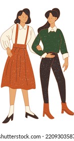 Flat Textured Light Academia Girl In Jumper Skirt And Puffy Sleeved Shirt And Girl In Sweater And Boots Vector