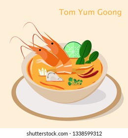 Flat Thai Tom Yum Goong or Khung sour 
and spicy soup Traditional asian dish. Thai Food Vector