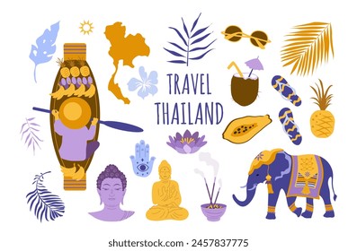 Plano tailandia conjunto con barco, buda, hojas, fruta, bebidas, mapa, elefante. Aislado. Ilustración vectorial