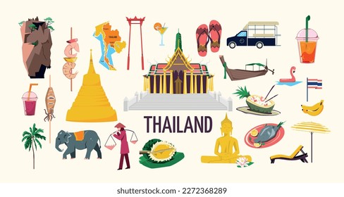 Flat thailand set with tourist attractions national food flag transport fruit drinks map elephant isolated vector illustration