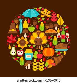 Flat Thanksgiving Day Concept. Vector Illustration. Autumn Holiday Set.