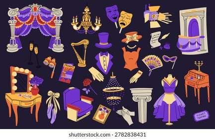 Flat theater set with stage curtain, masks, opera glasses and costumes. Colorful performance elements for entertainment industry branding, theatrical events or educational arts design