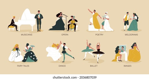 Flat theatre compositions with human characters of actors dancers and musicians performing on stage isolated on color background vector illustration