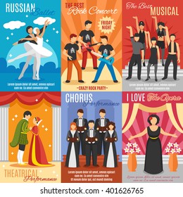 Flat theatre posters set of russian ballet rock and choral concert theatrical and opera performance vector illustration