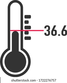 Flat thermometer on a white background. Measurement of body heat. Vector stock image. Doctor's tool in search of COVID-19. 36.6 health indicator association.