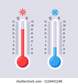 Flat thermometers. Hot and cold mercury thermometer control with accuracy meteorology fahrenheit and celsius scales temp. Warm sun heat and winter cool temperature blue red vector isolated icons set