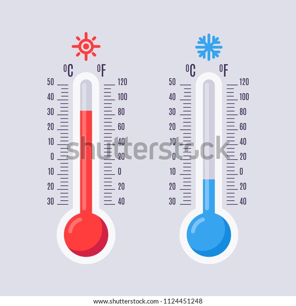 Flat thermometers. Hot and cold mercury thermometer\
control with accuracy meteorology fahrenheit and celsius scales\
temp. Warm sun heat and winter cool temperature blue red vector\
isolated icons set