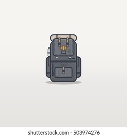 Flat thick line and black outline illustration. Traveler backpack with pockets and dashed strokes.