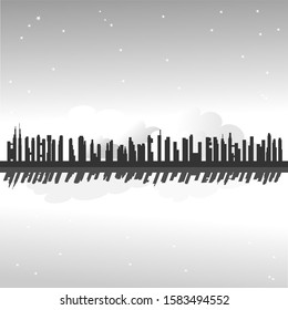Flat and thin cityscape with grey sky. Modern city skyline flat panoramic vector background. Urban city skyline illustration 