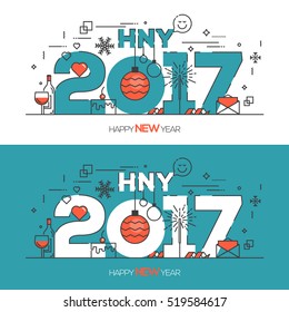 Flat Thin Color Line Concept of Happy New Year 2017, trendy and minimalistic card or background. Modern Thin Contour Line Design. Vector Illustartion