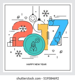 Flat Thin Color Line Concept of Happy New Year 2017, trendy and minimalistic card or background. Modern Thin Contour Line Design. Vector Illustartion