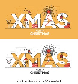 Flat Thin Color Line Concept for Christmas, trendy and minimalistic card or background. Modern Thin Contour Line Design. Vector Illustartion