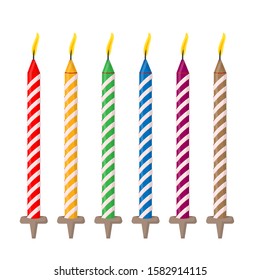 Flat thin colorful striped decorative candles with burning flames of wax paraffin for cake set. Decoration for holiday, birthday, anniversary, christmas, new year. Vector cartoon illustration