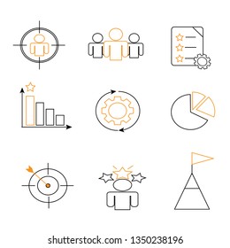Flat thin line business management icon set including Certificate,Chart, Training,Process,Time ,Skill,Support,Goal and more. Vector illustrator isolated on background
