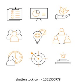 Flat thin line business management icon set including Plan ,Chart ,Growth Team Building,Process ,Connection,Time ,Goal and Evaluate.. Vector illustrator isolated on background