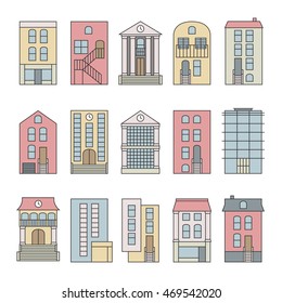 Flat thin line color vector city buildings set. Isolated on white background. Downtown skyline constructor.